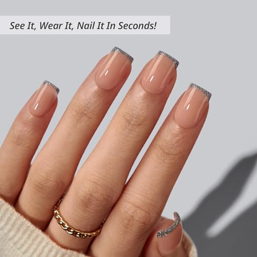 BTArtbox Press on Nails, Short French Tip Square Nails, 32Pcs Full Kit - color: A8-Ice Thread