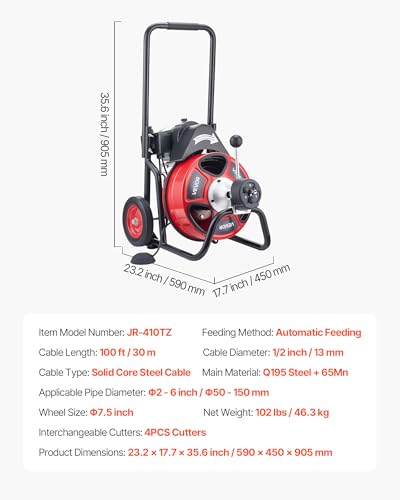 VEVOR Drain Cleaner Machine 100 FT x 1/2 Inch Auto Feed Sewer Snake Auger - style: 100 FT x 1/2''