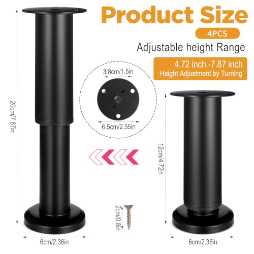 4Pcs Adjustable Furniture Legs 4.7-7.1 inch, Black Metal Adjustable Telescopic Cabinet Leg with 65mm Dome Basefor Sofa/Bed/Chair/Couch, Heavy Duty Bed Replacement Support Legs for Bed Frame