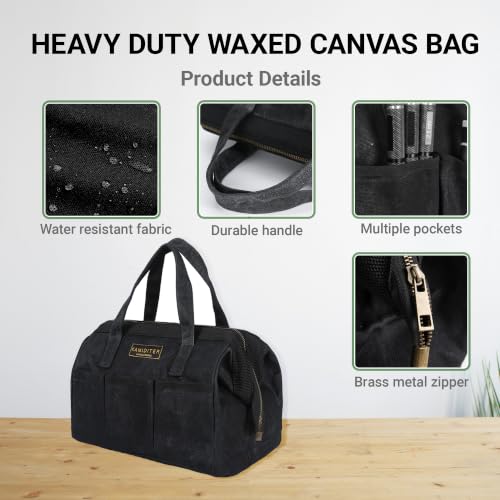 Tool Bag with Zipper, Heavy Duty 16oz Waxed Canvas Wide Mouth Tool Tote Bag, 13-inch Muti-Purpose Storage Tool Pouch with Side Pockets - color: Black, size: 13 Inch