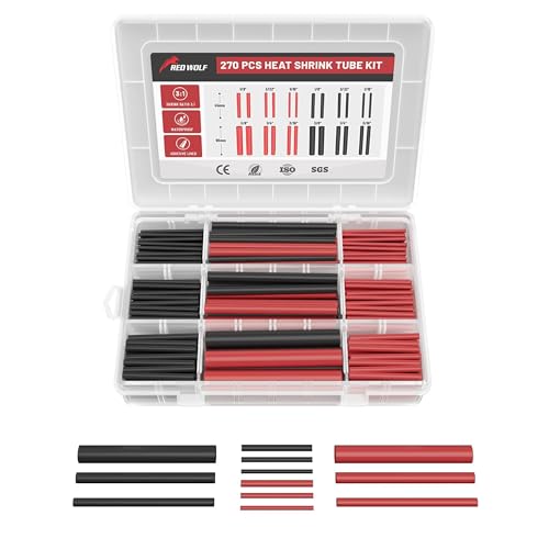 RED WOLF Waterproof Red and Black Heat Shrink Tubing Kit 270PCS, 3:1 Shrinkage Ratio, Adhesive Lined Electrical Cable Harness Heat Shrink Tube Marine Grade for Wire Wrap Connection Insulation