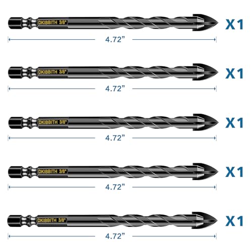 5 Pcs 3/8" Masonry Concrete Drill Bit Set for Tile Brick Glass Plastic Wood, Cross Tungsten Carbide Tip, Hex Shank, Work with Ceramic Porcelain Tile Wall Mirror Paver, 3/8 Inch Drill Bits, 10mm - size: 5 Pack 3/8"(10mm)