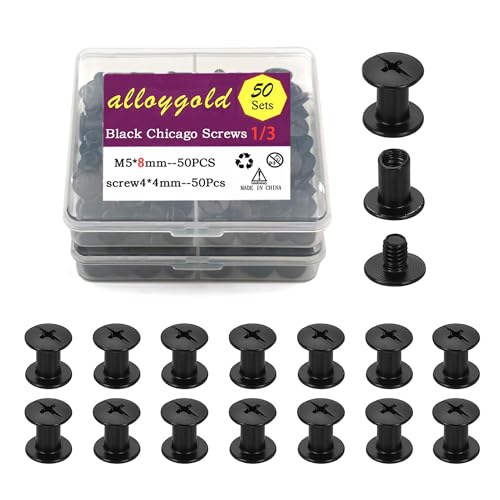 Alloygold 50 Sets M5*8 Matte Black Chicago Screw Kit Leather Rivets Screw Rivets Chicago Screw Buttons DIY Leather Trim - color: matte black, size: M5*8mm