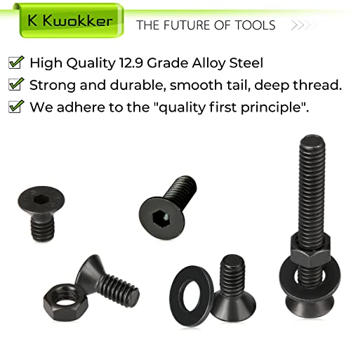1/4 20 Bolt and Nuts, with Washers for Screws, Hex Socket Flat Head 7 Sizes are 2", 1-1/2", 1-1/4", 1", 3/4", 5/8", 1/2", 10.9 Grade Alloy Steel, Black, Full Machine UNC Thread - size: B. 1/4-20