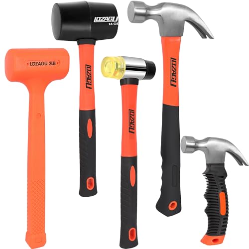 5-Piece Hammer Set, 2LB Dead Blow Hammer | 16oz Claw Hammer | 16oz Rubber Mallet | 35mm Double-Faced Soft Mallet | 8oz Small Hammer
