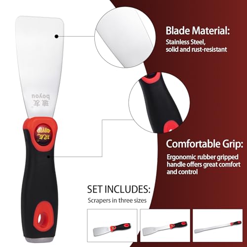 JL&LOVE Stainless Steel Putty Knife Scraper Set, 3Pcs Multi Tool for Windshield, Sticker, Caulk & Paint Removal