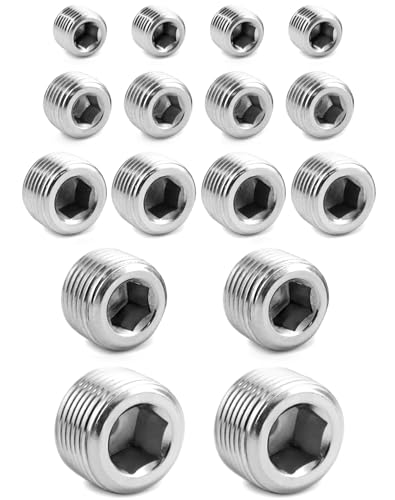 QWORK 304 Stainless Steel Pipe Fitting Kit Hex Countersunk Plug Assortment Set with NPT Male Thread 16 Pcs