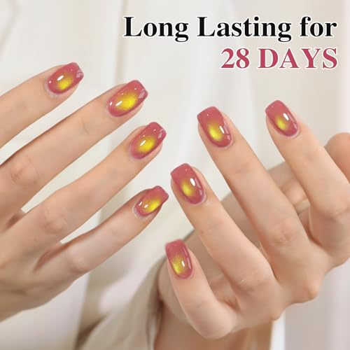 Double Rhythm Jelly Glass Cat Eye Gel Polish with Magnet 15ML Holographic Glitter Shimmer Translucent Sheer Color Magnetic Nail Polish Salon DIY at Home (Navy Purple-MC1266) - color: Aurora Golden Pink
