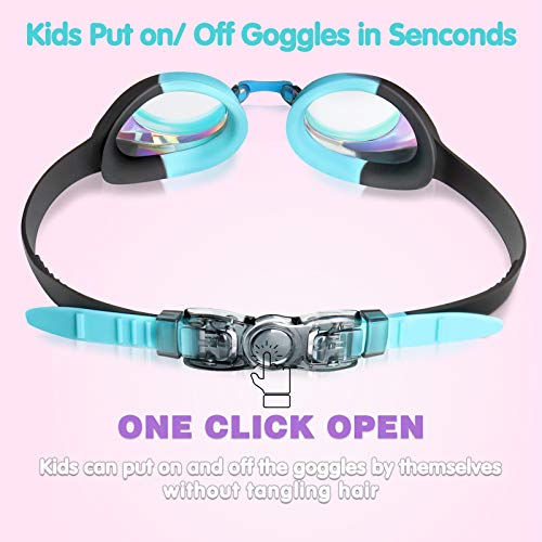 Keary Kids Swim Goggles Anti Fog & UV Girls Toddler Boys for 3-12 - color: Mirrored Black & Pink