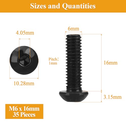 35 Pieces M6 x 16mm Button Head Socket Cap Screws, Thread Pitch 1.0mm, Sutemribor M6 Black Screws, 10.9 Grade Alloy Steel, Black Oxide Finish, Fully Threaded - size: M6 x 16mm, style: Button Head