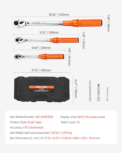 VEVOR 1/4 3/8 1/2 Inch Drive Torque Wrench, 3Pcs Click Torque Wrench Set 20-240IN-LB, 5-45FT-LB, 10-170FT-LB, Dual-Direction Adjustable 72 Tooth for Bicycle, Moto and Car Maintenance - size: 1/2" 3/8" 1/4" 6 PCS