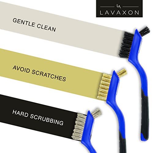 Lavaxon Wire Brush Set 3Pcs - Nylon/Brass/Stainless Steel Bristles with Curved Handle Grip for Rust, Dirt & Paint Scrubbing with Deep Cleaning – 7 Inches (Blue) - color: Blue