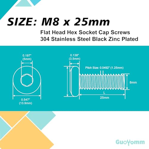 M8 x 25mm 20Pcs Flat Head Hex Socket Cap Screws, 304 Stainless Steel 18-8, Black Zinc Plated, Connection Furniture Bolts, Full Thread - size: M8 x 25mm(20PCS)