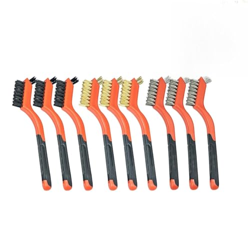 SALI 9pcs Wire Brushes for Cleaning Rust Removal Nylon/Brass/Stainless Steel Bristles with Curved Handle Grip for Dirt & Paint Scrubbing Removing Unfinished Metal Parts, Paint Stains Household Clean