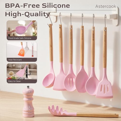Astercook Kitchen Utensils set, 39 PCS Silicone Cooking Utensils Set with Wooden Handle, 446°F Heat Resistant Food Grade Utensil Sets, BPA Free Kitchen Gadgets Tools Set for Nonstick Cookware (Pink) - color: Pink