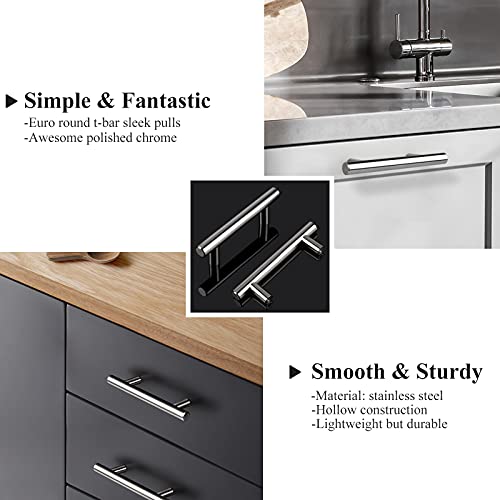 Probrico 30 Pack 3 Inch Polished Chrome Cabinet Handles, 5 Inches Total Length Euro T Bar Handle Pulls, Stainless Steel Kitchen Cabinet Hardware Drawer Pulls - color: Polished Chrome, size: hole center 3"