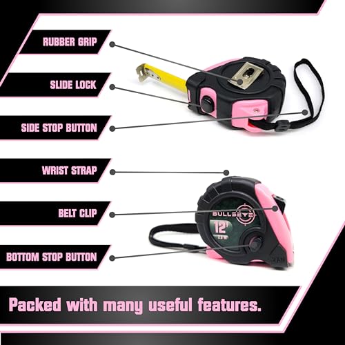 Bullseye Tape Measure 12 Foot 3-Pack | Pink | Small, Retractable Measuring Tapes with Pause Buttons | Easy-to-Read Standard and Metric Measurements for Adults and Kids | Inches and Centimeters - color: Pink