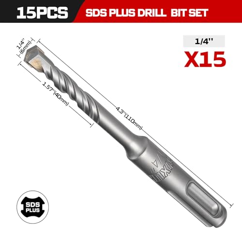 Geinxurn 1/4" x 4" SDS Plus Rotary Hammer Drill Bits, 15PCS Double Thread Masonry Drill Bits Set Carbide Tipped, Drilling in Brick, Stone and Concrete, Cement Walls - size: SDSBIT010404-015