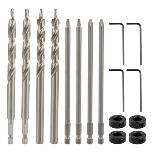 4pcs 3/8" Drill Bit with Depth Stop Collar and 4pcs SQ2 Screwdriver bit Set, 1/4 Hex and Round Shank Replacement,for Manual Pocket Hole Guide Jig Master System (Silver)