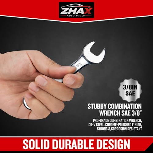 zhax 3/8" SAE Stubby Combination Wrench, 12 Point Box End, 15 Degree Offset Design, Mirror Polish Finish, Forged CR-V Steel, Hand Tools for Mechanics, Ideal for Auto and Home Repair - size: 3/8"