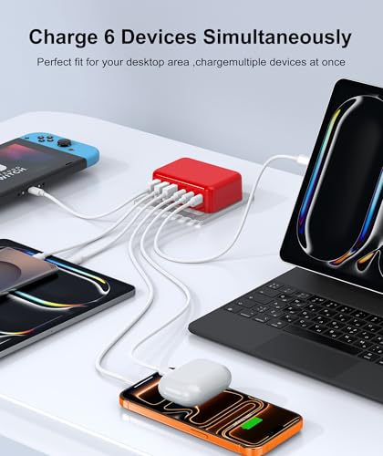 Fast Charger Block,100W 6 Port Charger Station Hub Cube,USB C Charger Block - color: Rad