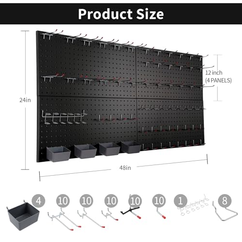 FRAYSCENT Peg Board for Wall 48x24 inch with 63 Pcs Hooks Accessories, Garage Storage Pegboard Wall Organizer, Metal Pegboard Panels with Hooks, Modular Mounted Control Peg Board Tool Organization