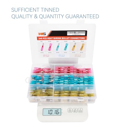 HKS 240PCS/120 Pairs Heat Shrink Bullet Connectors Kit – 22-10 AWG Male & Female Wire Terminals – Tinned Copper Crimp Connectors – Insulated Waterproof – for Automotive, Marine & Electrical Wiring - size: 10-22 AWG, style: Male&Female Bullet-240 pcs