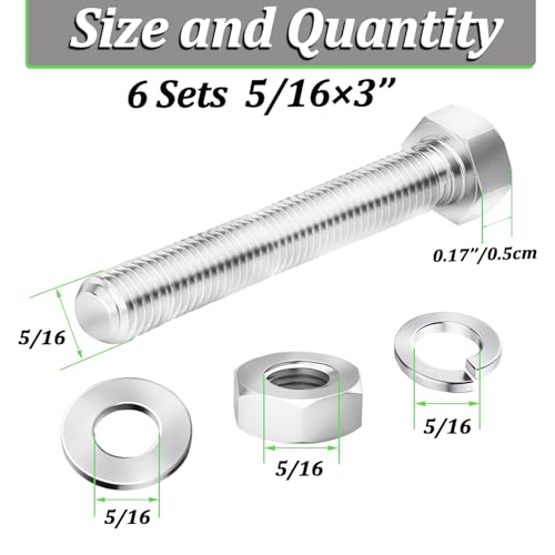 6 Sets 5/16-18 x 3" Stainless Steel Hex Head Screws Bolts, Flat, Nuts & Lock Washers,Hex Bolts 18-8(304) Full Thread - color: Silver, size: 5/16-18 x 3"（6 Sets）
