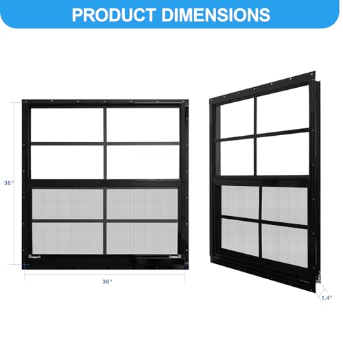 NeatiEase 2 Pack Shed Windows with Black Frame, 36 x 36 Flush Mount Small Window with Tempered Glass and Fiberglass Screen for Shed, Chicken Coop, Playhouse, Household, Garage - color: Black, size: 36"x36"