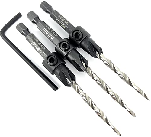 FTG USA #8 (11/64") Wood Countersink Drill Bit 3-Pc Set with Hex Key - size: #8, style: 3 Pc w/o Depth Stop