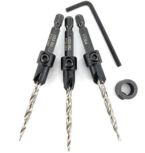 FTG USA #8(11/64") Wood Countersink Drill Bit 3-Pc Set with 3/8" Depth Stop - size: #8, style: 3 Pc with Depth Stop