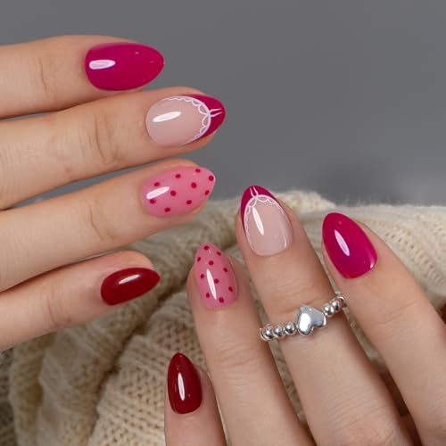 CurvLife Extra Short Almond Press On Nails, Cherry Wild Red, Soft Gel - color: B7 - Sweet Charm