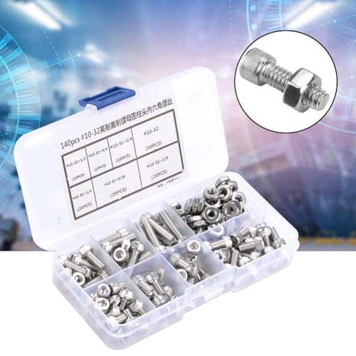 140PCS #10-32 Screws Assortment Kit, 5/16 1/4 5/8 3/8 3/4 1/2 Hex Socket Head Bolts, Nuts & Washers Assorted Set, Hex Socket Head Cap Screws Bolts Nuts Washer Kit, 304 Stainless Steel