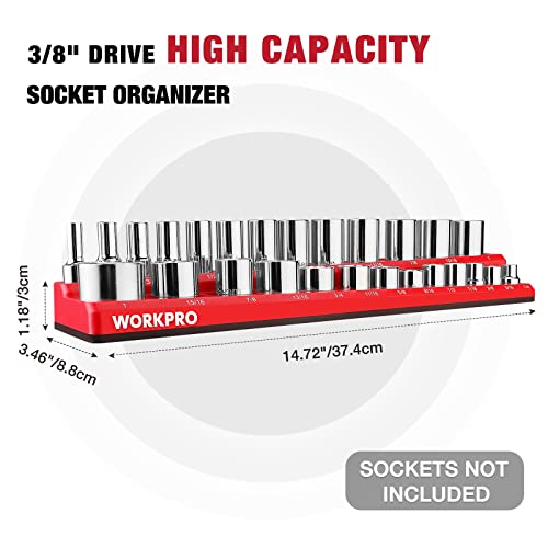 WORKPRO 3/8-inch Magnetic Socket Organizer Set, 2-Piece SAE & Metric Socket Holders, Holds 56 Standard and Deep Sockets for Tool Box, Tool Carts (Sockets Not Included) - size: 3/8" SAE&Metric