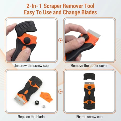 Mister Rui 2Pack Dual-Head Scraper, 50 Blades, Screw-On Safe, Multi-Surface - color: 2 Orange