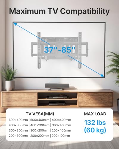 USX STAR Full Motion TV Wall Mount for 37-85 Inch TVs Mounts Up to 132lbs, Fit 16" Wood Stud, Max VESA 600x400mm, Swivel and Tilt Articulating Wall Mount TV Bracket,Fit Most 55+ 65 70 75 inch TVs - size: For 37-85'' TV