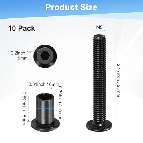M METERXITY 10-Pack Hex Drive Socket Cap Bolt, M8 x 55mm Carbon Steel Furniture Connector Bolts Barrel Nuts for Furniture Assembly/Cabinet/DIY Binding Post Screws Rivet Fasteners [Black] - size: M8 x 55mm