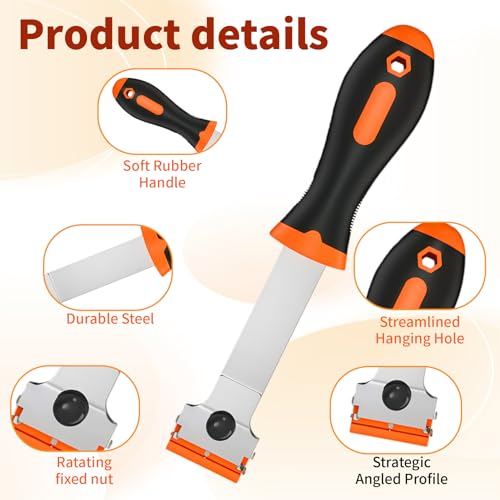 Razor Blade Scraper Tool -4 Pack Cleaning scrapper with 10 Metal & 10 Plastic Razor Blades Multi-Purpose Glass Scraper for Windows, Sticker, Decals, Cooktop, Paint Removal,Stovetop(Orange)