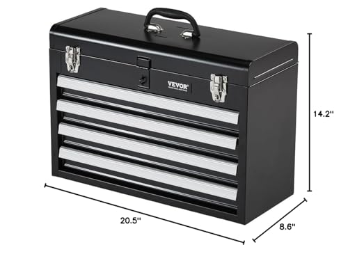VEVOR Metal Tool Box, 20.5-inch, Portable Metal Tool Box with 4 Drawers, Small Tool Chest with EVA Liners, Ball Bearing Slide Drawers Locking & Powder Coated Finish, Multi-Function Tool Organizer - size: 4 Drawers-Black