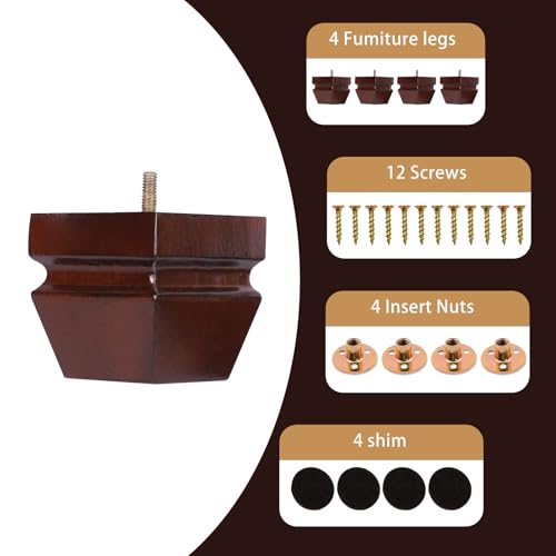 Wood Legs for Furniture 3 inch Heavy Duty Sofa Legs Square Brown Bed Legs Pack of 4, Mid Century Chair Feet, Sofa Replacement Parts, Dresser Leg Sideboard Recliner Couch Riser - color: Brown, size: 3"H*3.15"W