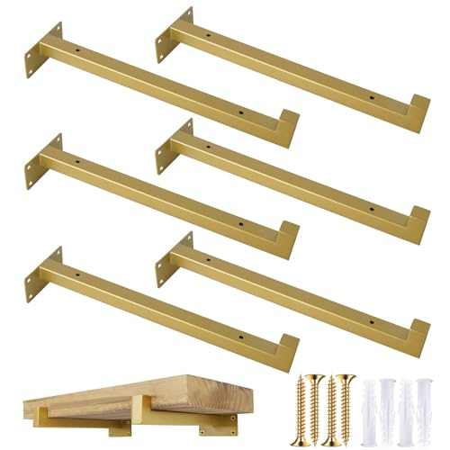 OVOV 6 Pack 10 Inch Gold Shelf Brackets with Lip Wall Shelf Brackets - color: Gold, size: 10 Inch