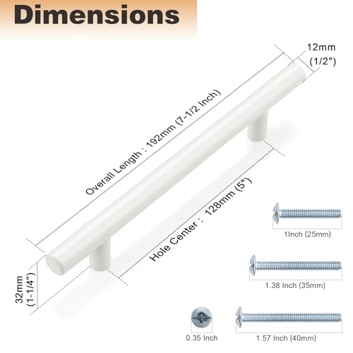 Probrico 5 Pack| White Cabinet Pulls 5 Inch T Bar Euro Style Handles Kitchen Cupboard Stainless Steel Modern Cabinet Hardware - color: White, size: hole center 5"