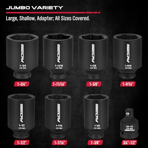 SAE Deep Impact Socket Set 8-Piece 1/2-inch Drive Wheel Axle Nut Wrench Large Sockets Standard Adapter 1-11/16 1-9/16 1-3/8 1-7/16 1-1/2 1-5/8 1-3/4 Imperial Spindle Joint Torque Bearing Locknut Truck - style: 1/2" | 8-Piece SAE Jumbo