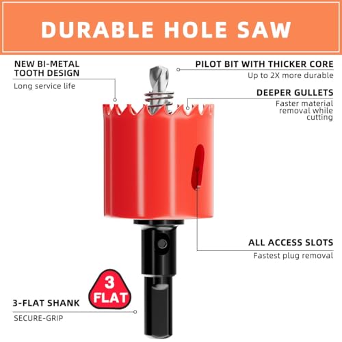 1-1/2 in. Bi-Metal Hole Saw Drill Bits - Versatile and Durable Hole Cutter for Wood, Plywood, Plaster Drywall, Ceiling, Plastic Pipe, PVC and Thin Metal - Includes Arbor & Pilot Bit (38mm) - size: 1-1/2"(38mm)