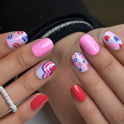 CurvLife Extra Short Square Heart Design Press On Nails, Valentine Hearts - color: E8 - Cute Heart and Kiss Nails