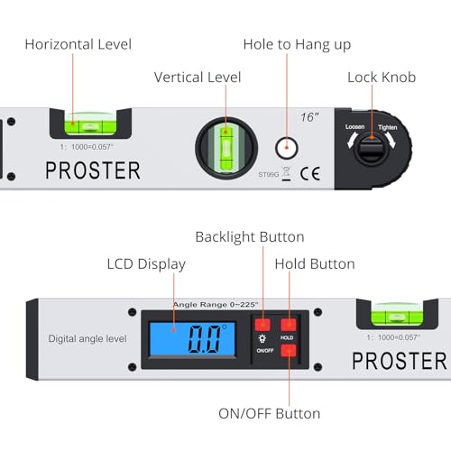 Proster Digital Angle Finder - 16" Aluminum 400mm Lock Knob Level Gauge - color: White