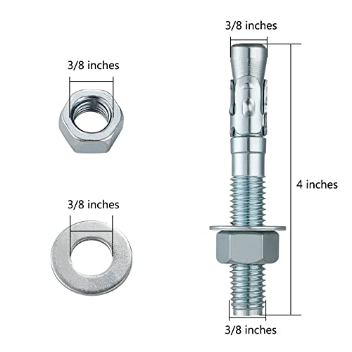 Wensilon 3/8x4" 10Pcs Inch Standard Fasteners for Heavy-Duty Zinc Wedge Anchors for Cement and Concrete - size: 3/8x4"