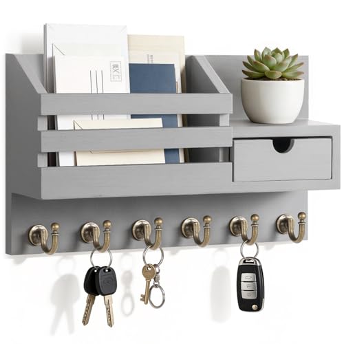 FifthQuarter Key Holder for Wall with Drawer and 6 Sturdy Hooks, A-Grey - color: A-Grey