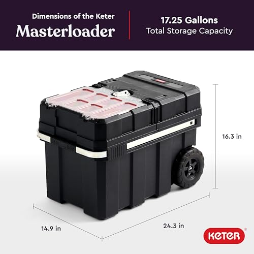 Keter Masterloader Resin Rolling Tool Box with Locking System and Removable Bins – Perfect Organization and Storage Chest for Power Drill, Tape Measure, and Screwdriver Set, Black - color: Black/Red, size: Masterloader