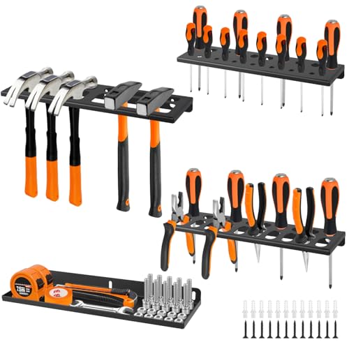 Wall Mount Hand Tool Storage Racks, Screwdriver Organizer, Pliers Holder, Hammer Rack, Metal Storage Shelf, Hand Tool Organizer for Garage, Workshop, Shed, Set of 4